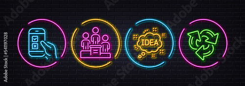 Mobile survey, Business podium and Idea minimal line icons. Neon laser 3d lights. Recycle icons. For web, application, printing. Phone quiz test, Team nomination, Creative message. Vector
