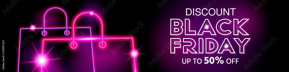 Black Friday discount sale banner. Neon banner with glow. Modern glowing background with abstract neon shapes of gift bag icon in neon style. Banner template, poster vector illustration. Black Friday discount sale banner. Neon banner with glow. Modern glowing background with abstract neon shapes of gift bag icon in neon style. Banner template, poster vector illustration.