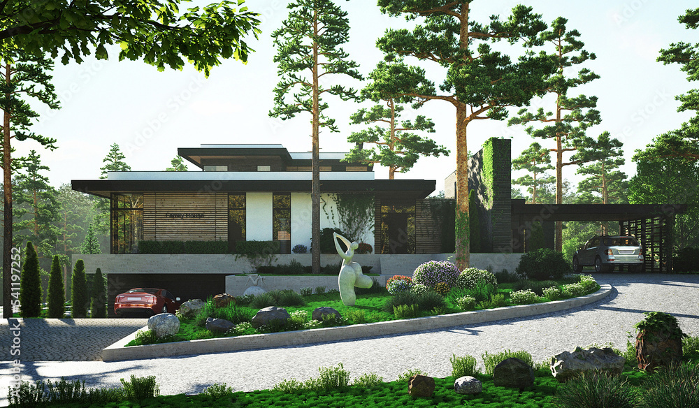 Fototapeta premium 3D visualization of a modern house on a relief in the forest. House in a beautiful location. Modern house architecture