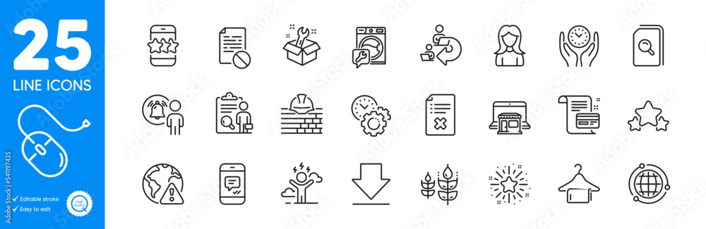 Fototapeta premium Outline icons set. Inspect, Message and Payment card icons. Star, Reject file, Woman web elements. Computer mouse, Downloading, Delegate work signs. Stars, Difficult stress, Internet warning. Vector