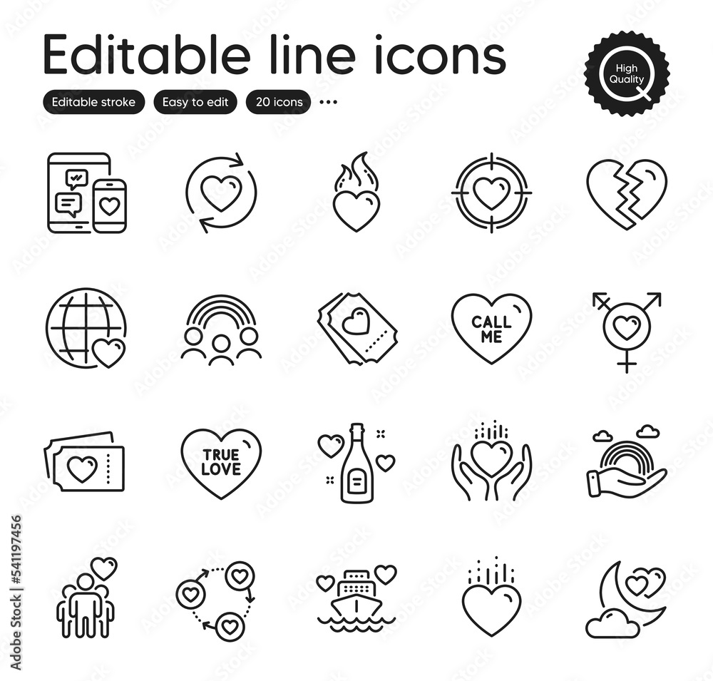 Set of Love outline icons. Contains icons as Heart flame, Heart and Social media elements. Inclusion, Lgbt, Honeymoon cruise web signs. Genders, Call me, Update relationships elements. Vector