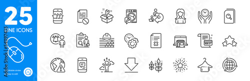 Outline icons set. Inspect, Message and Payment card icons. Star, Reject file, Woman web elements. Computer mouse, Downloading, Delegate work signs. Stars, Difficult stress, Internet warning. Vector