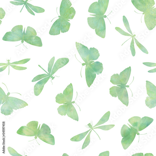 butterflies and dragonflies drawn in watercolor  collected for design in a seamless pattern