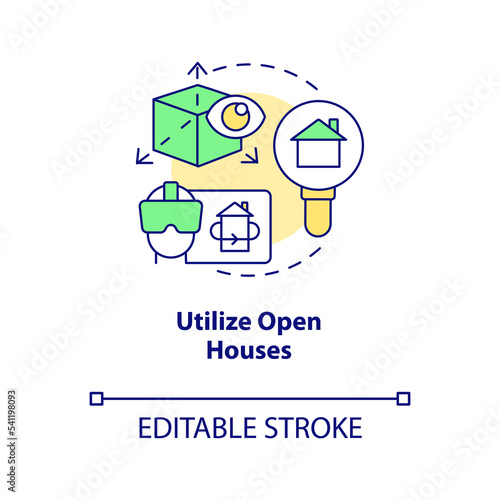 Utilize open houses concept icon. Property viewing. Real estate. Homebuying tip abstract idea thin line illustration. Isolated outline drawing. Editable stroke. Arial, Myriad Pro-Bold fonts used