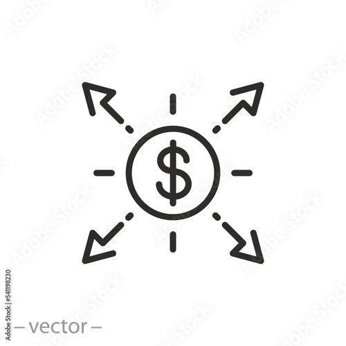 distribution money icon, share cash, diversification marketing, thin line symbol on white background - editable stroke vector illustration eps10