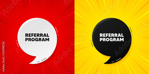 Referral program tag. Flash offer banner with quote. Refer a friend sign. Advertising reference symbol. Starburst beam banner. Referral program speech bubble. Vector