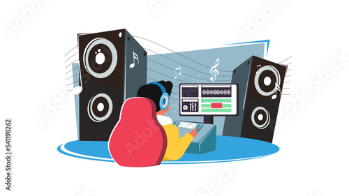 Music composer creating and recording music at workplace with computer, professional equipment, software vector illustration. Musician idea
