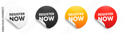 Register now tag. Round sticker badge with offer. Free registration offer. Create an account message. Paper label banner. Register now adhesive tag. Vector