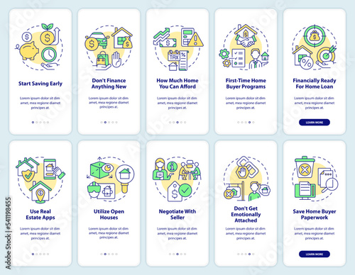 Ready to buy home onboarding mobile app screen set. Buyer tips walkthrough 5 steps editable graphic instructions with linear concepts. UI, UX, GUI template. Myriad Pro-Bold, Regular fonts used