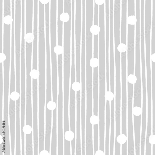White rough dots and uneven stripes on light grey background. Handdrawn monochromatic seamless pattern. For packaging design, scrapbooking, cards, gift wrap, digital backgrounds, textile and wallpaper