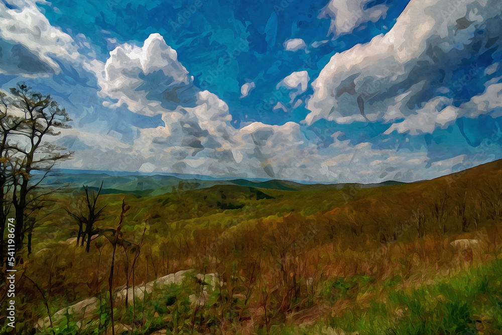 Digitally created watercolor painting of view of mountain top vista in Shenandoah National Park on Skyline Drive