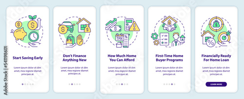 Buying house checklist onboarding mobile app screen. Homeownership walkthrough 5 steps editable graphic instructions with linear concepts. UI, UX, GUI template. Myriad Pro-Bold, Regular fonts used