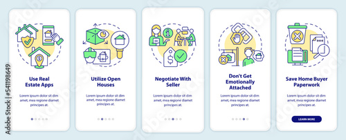 Home purchase onboarding mobile app screen. Ready to buy house walkthrough 5 steps editable graphic instructions with linear concepts. UI, UX, GUI template. Myriad Pro-Bold, Regular fonts used