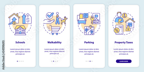 Convenient neighborhoods onboarding mobile app screen. Buying home walkthrough 4 steps editable graphic instructions with linear concepts. UI, UX, GUI template. Myriad Pro-Bold, Regular fonts used