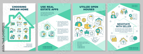 Choosing dream house brochure template. Home purchase tips. Leaflet design with linear icons. Editable 4 vector layouts for presentation, annual reports. Arial-Black, Myriad Pro-Regular fonts used