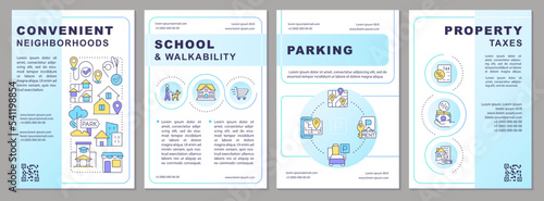 Best neighborhood brochure template. Property taxes and parking. Leaflet design with linear icons. Editable 4 vector layouts for presentation, annual reports. Arial, Myriad Pro-Regular fonts used