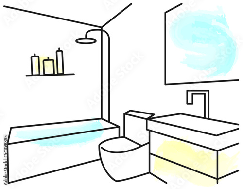 Bathroom interior. Bath, toilet, sink, mirror. Vector flat illustration