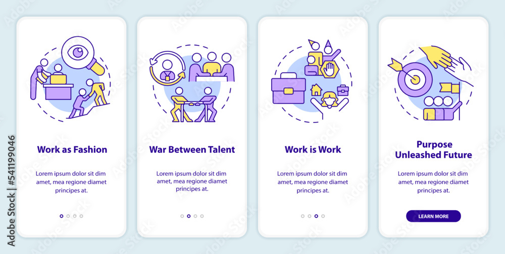 Fototapeta premium Worker-employer relations development onboarding mobile app screen. Walkthrough 4 steps editable graphic instructions with linear concepts. UI, UX, GUI template. Myriad Pro-Bold, Regular fonts used