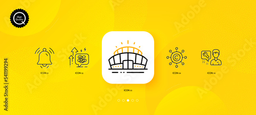 Copywriting network, Notification bell and Repairman minimal line icons. Yellow abstract background. Arena stadium, Stress grows icons. For web, application, printing. Vector