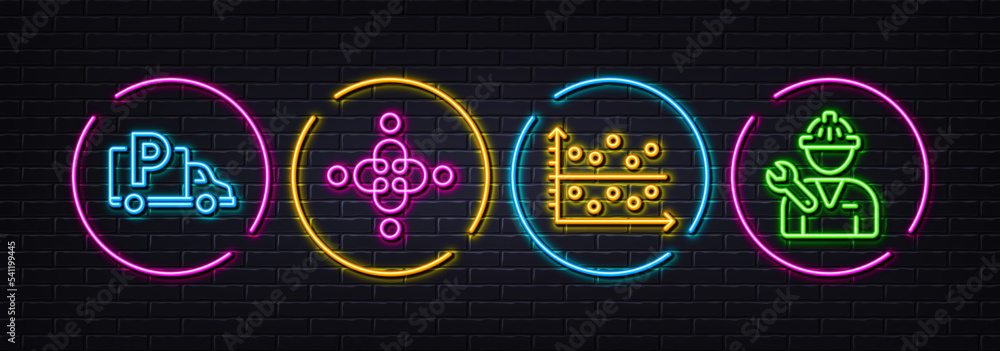 Inclusion, Dot plot and Truck parking minimal line icons. Neon laser 3d lights. Repairman icons. For web, application, printing. Equity justice, Presentation graph, Free park. Repair service. Vector