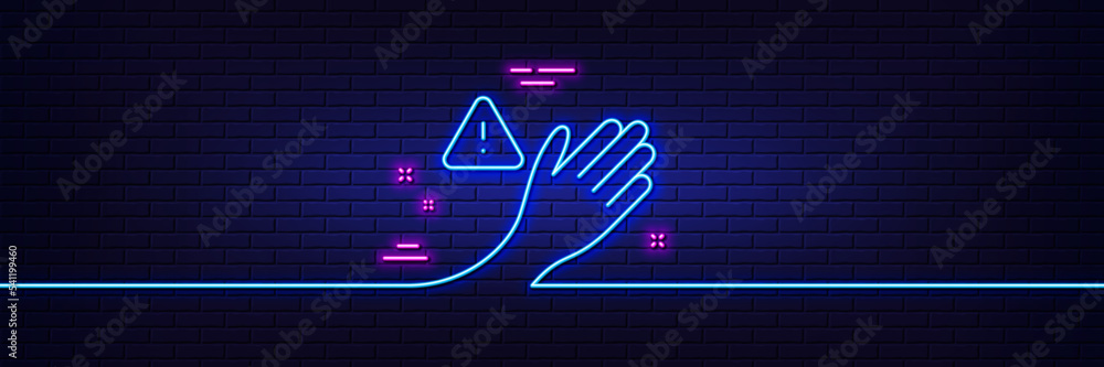 Neon light glow effect. Dont touch line icon. Hand warning sign. Hygiene notification symbol. 3d line neon glow icon. Brick wall banner. Dont touch outline. Vector