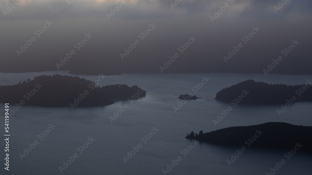 Island around Lyttelton Harbour on cloudy morning, Christchurch, New Zealand.