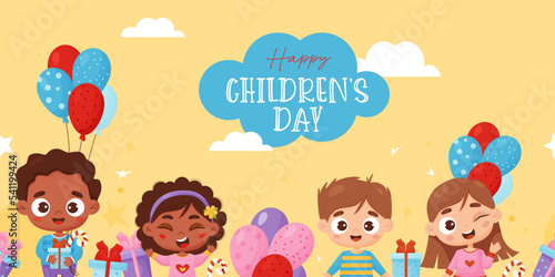 Happy childrens day. Seamless border with cute cartoon kids. Black and white boys and girls with gifts and balloons on yellow background. Vector illustration. horizontal banner template for design.
