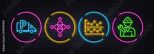 Inclusion, Dot plot and Truck parking minimal line icons. Neon laser 3d lights. Repairman icons. For web, application, printing. Equity justice, Presentation graph, Free park. Repair service. Vector