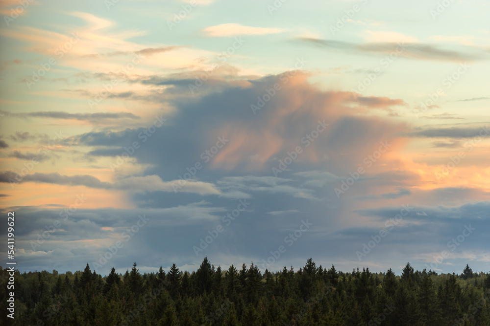 Dramatic cloudscape with cumulus clouds on sky at sunset above the forest horizon. High angle horizontal aerial view. Meteorology landscape photography