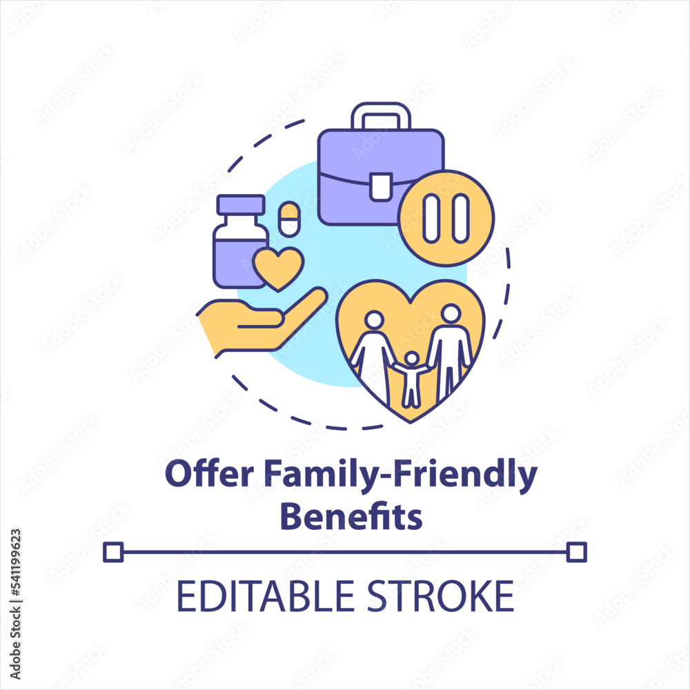 Family-friendly benefits at work concept icon. Support working parents. Engagement abstract idea thin line illustration. Isolated outline drawing. Editable stroke. Arial, Myriad Pro-Bold fonts used Family-friendly benefits at work concept icon. Support working parents. Engagement abstract idea thin line illustration. Isolated outline drawing. Editable stroke. Arial, Myriad Pro-Bold fonts used