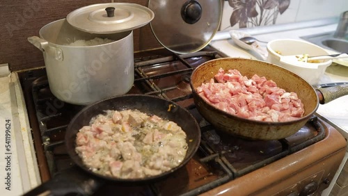 fry meat in a frying pan in the kitchen.