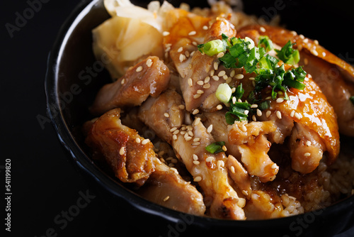 Grilled Chicken teriyaki rice Japanese food isolated in black background