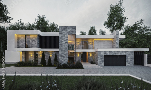 Print op canvas 3D visualization of a modern villa with a courtyard, panoramic windows and a large terrace