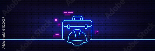 Neon light glow effect. Construction toolbox line icon. Architect portfolio sign. Engineer case symbol. 3d line neon glow icon. Brick wall banner. Construction toolbox outline. Vector