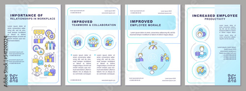 Importance of relationship in workplace blue brochure template. Leaflet design with linear icons. Editable 4 vector layouts for presentation, annual reports. Arial, Myriad Pro-Regular fonts used