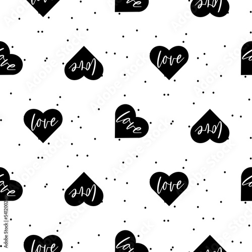 Black heart Love vector seamless dotted texture. Black and white pattern for valentine card design. Love clipart background.