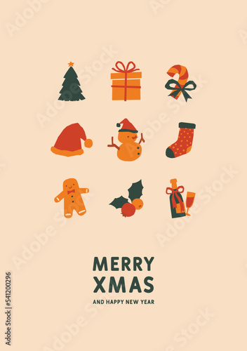 Merry Christmas and Happy New Year cards in minimal style. Cute papercut artwork with Noel design elements. Vector illustration. 