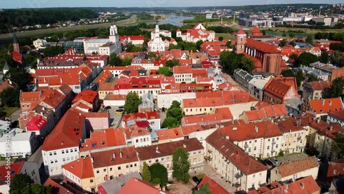 Aerial view of the Town Hall and other buildings in Kaunas oldtown, Lithuania photo