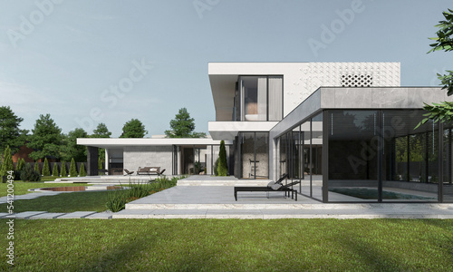 3D visualization of a villa with a unique facade. A house with a large plot, a lake and a hillside area.