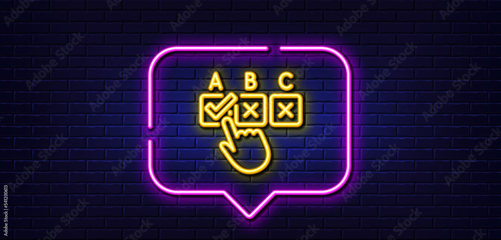 Neon light speech bubble. Correct checkbox line icon. Select answer sign. Business test symbol. Neon light background. Correct checkbox glow line. Brick wall banner. Vector Neon light speech bubble. Correct checkbox line icon. Select answer sign. Business test symbol. Neon light background. Correct checkbox glow line. Brick wall banner. Vector