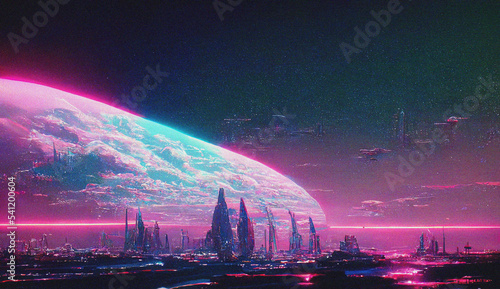 Abstract Retro futuristic sci-fi synthwave landscape in space with stars. Vaporwave stylized illustration for EDM music video, videogame intro. Ai generated.