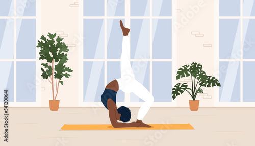 Young beautiful woman demonstrating chakrasana yoga pose in yoga studio or apartment. Vector illustration