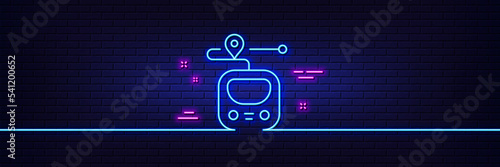 Neon light glow effect. Metro line icon. Subway journey path sign. Underground train location symbol. 3d line neon glow icon. Brick wall banner. Metro outline. Vector