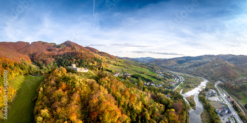 Autumn aerial panorama of a valley in Rytro in Beskidy Mountains. photo