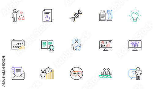Business statistics, Chemistry dna and Ranking stars line icons for website, printing. Collection of Algorithm, Search employee, Teamwork icons. Recipe book, Calendar graph. Vector