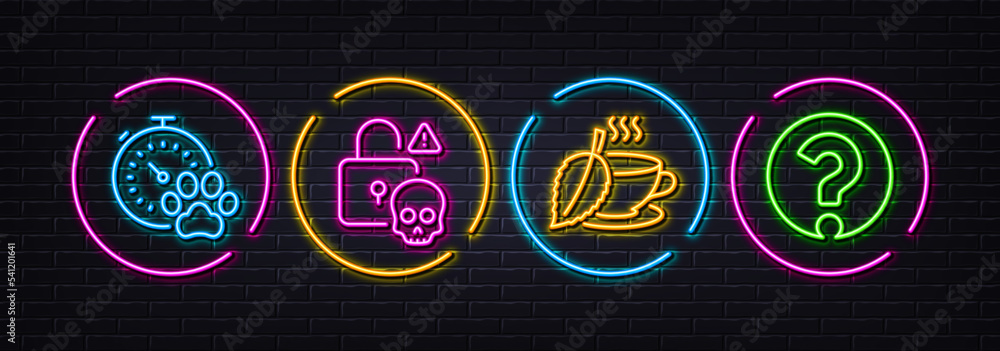 Cyber attack, Dog competition and Mint tea minimal line icons. Neon laser 3d lights. Question mark icons. For web, application, printing. Data hacking, Pets activities, Mentha beverage. Vector Cyber attack, Dog competition and Mint tea minimal line icons. Neon laser 3d lights. Question mark icons. For web, application, printing. Data hacking, Pets activities, Mentha beverage. Vector