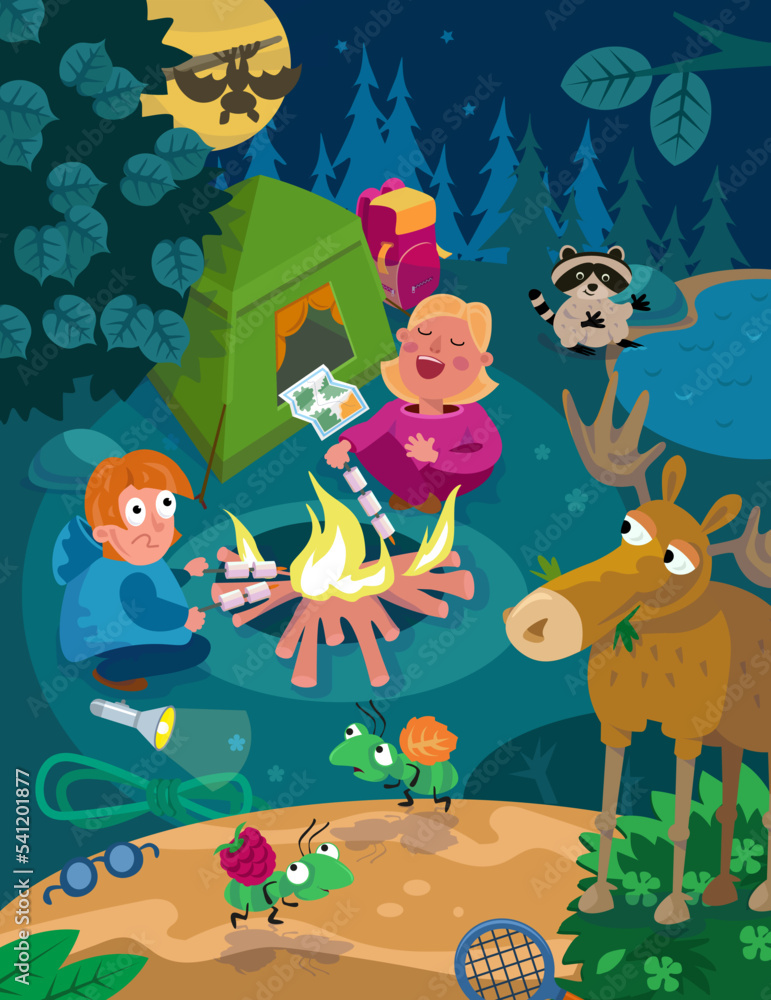 Naklejka premium Animals, children with marshmallows by fire in forest. Hike in woods. Cute characters near tent. Scene for design. Vector illustration.