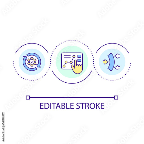 Find business solution loop concept icon. Analytical research. Optimization process. Strategizing abstract idea thin line illustration. Isolated outline drawing. Editable stroke. Arial font used