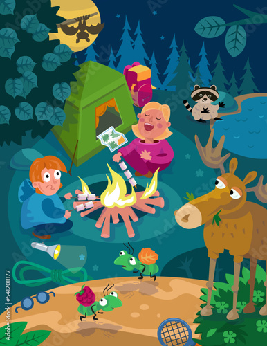 Animals  children with marshmallows by fire in forest. Hike in woods. Cute characters near tent. Scene for design. Vector illustration.