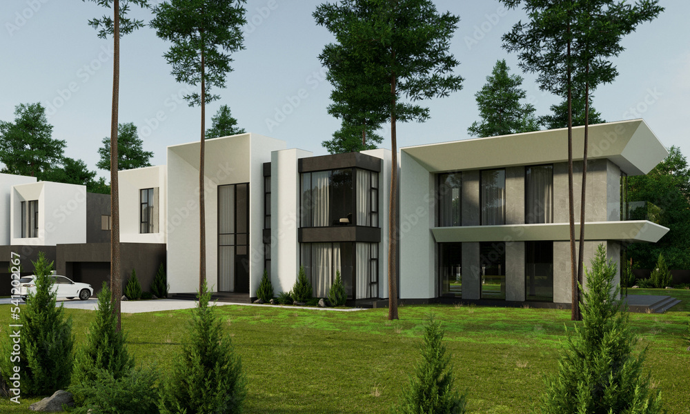 3d rendering of a modern villa with a terrace in the forest. House with a flat roof. architectural object